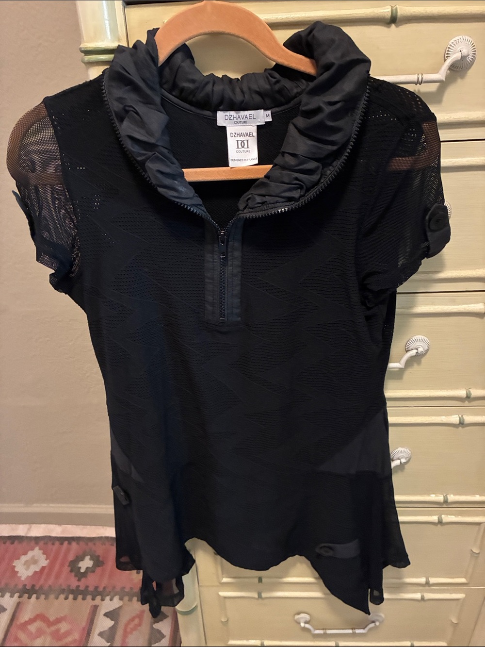 DZHAVAEL couture Black Ruffled Collar Mesh Women's Top size M